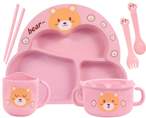 Spanker 7 Piece Mealtime Bamboo Dinnerware for Kids Toddler, Plate and Bowl Set Eco Friendly Dishwasher Safe Great Gift for Birthday - Party Bubu Bear (Pink)
