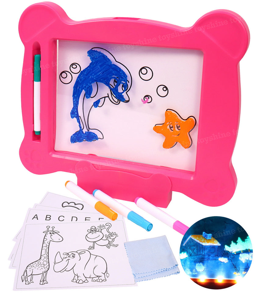 Toyshine Big Magic Pad Light Up LED Drawing Tablet with Stencils, 4 Neon Pens, Dry Eraser, Glow Boost Card - Pink
