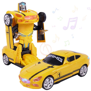 Toyshine 2 in 1 Bump and Go Battery Operated Transformer Robot Car Toy with Light and Sound for Kids Age 2+ Fun Educational Toy Birthday Party Return Gift - Yellow