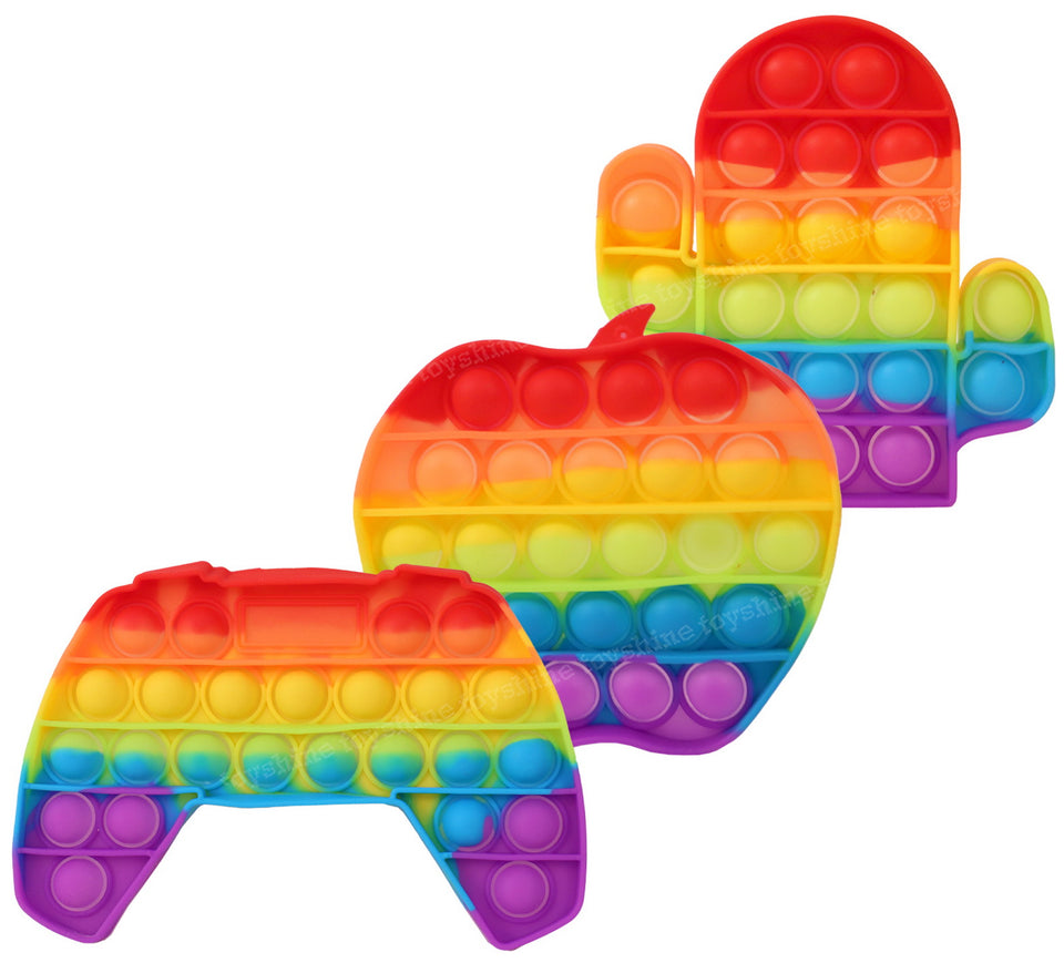 Toyshine Pack of 3 - Apple, Game Remote and Cactus Fidget Popping Sounds Toy, BPA Free Silicone, Push Bubbles Toy for Autism Stress Reliever, Sensory Toy Pop It Toys