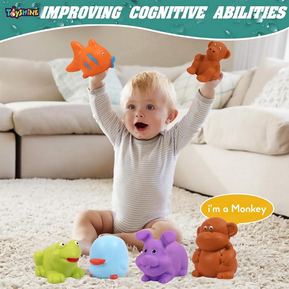 Toyshine Toys for Baby - Jungle Animal Friends Bath Toys | Toddler Baby Chu Chu Bathing Squeeze Bath Toys Non-Toxic - Set of 12