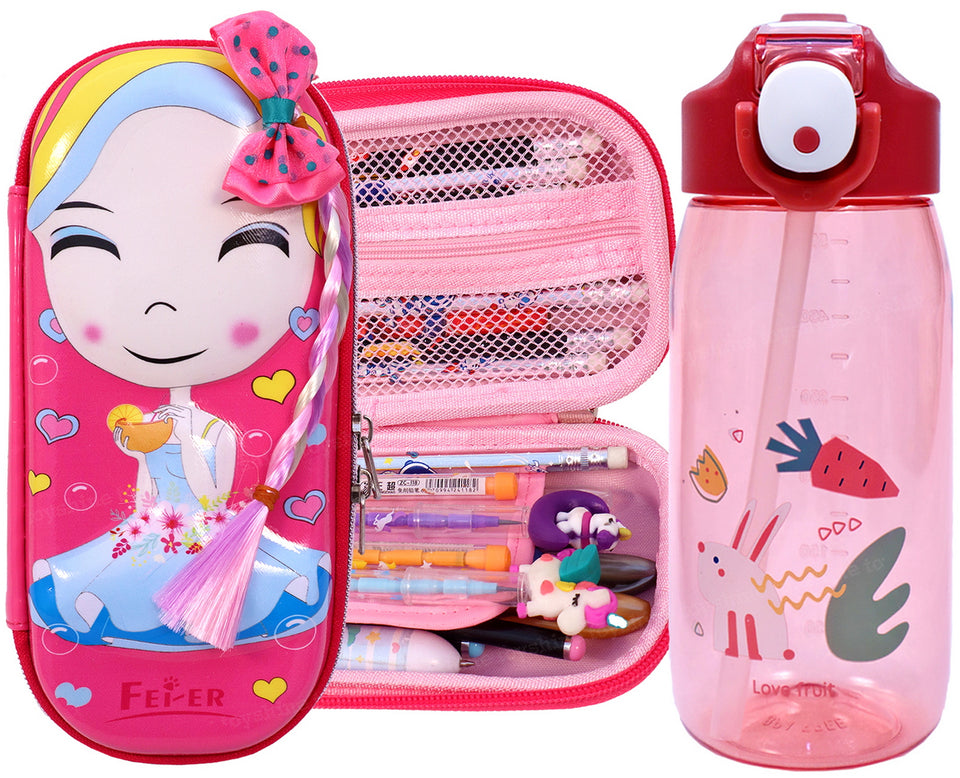 Toyshine Set of 2 Girl Hardtop Pencil Case with Tritan Grip Bottle - Kids Large Capacity School Supply Organizer Students Stationery - Girls Pen Pouch