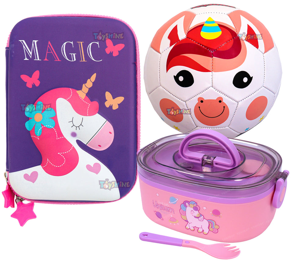 Toyshine Set of 3 Unicorn Combo Pack | Football, Pouch, Lunch Box | Gift Set for Kids, School Supplies