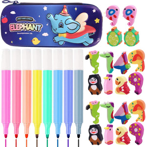 Toyshine 3 in 1 Stationery Combo-Hardtop Pencil Case with Colorful Erasers and 8 Pcs Water Erasable Markers for Kids