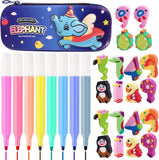 Toyshine 3 in 1 Stationery Combo-Hardtop Pencil Case with Colorful Erasers and 8 Pcs Water Erasable Markers for Kids