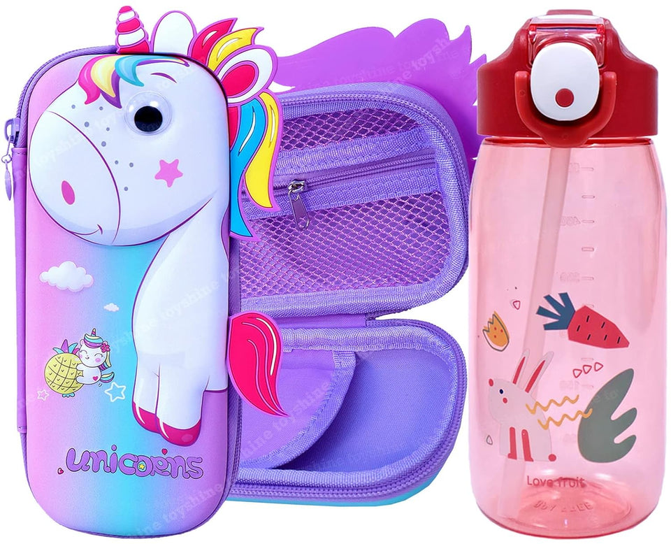 Toyshine Set of 2 Unicorn Hardtop Pencil Case with Tritan Grip Bottle - Kids Large Capacity School Supply Organizer Students Stationery - Girls Pen Pouch Pink Purple