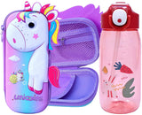 Toyshine Set of 2 Unicorn Hardtop Pencil Case with Tritan Grip Bottle - Kids Large Capacity School Supply Organizer Students Stationery - Girls Pen Pouch Pink Purple