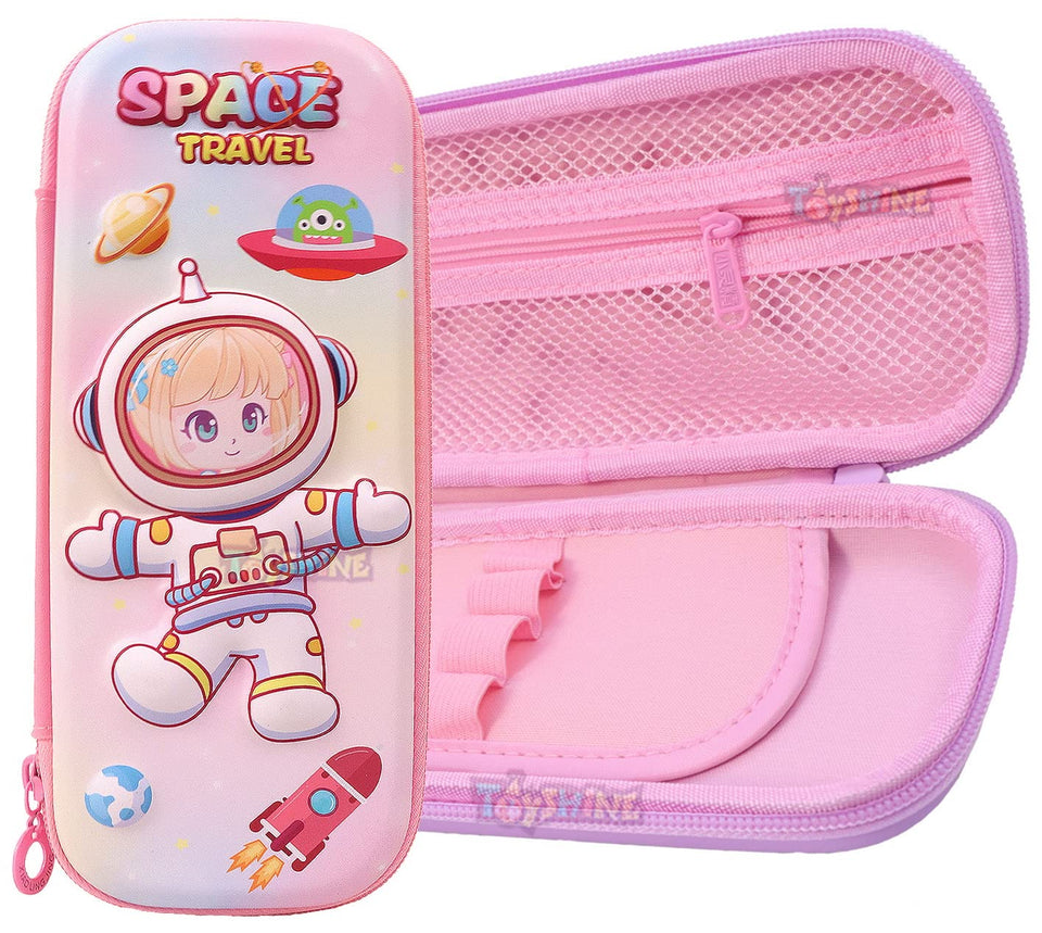 Toyshine Space Travel Hardtop Pencil Case with Multiple Compartments - Kids School Supply Organizer Students Stationery Box - Girls Pen Pouch- White