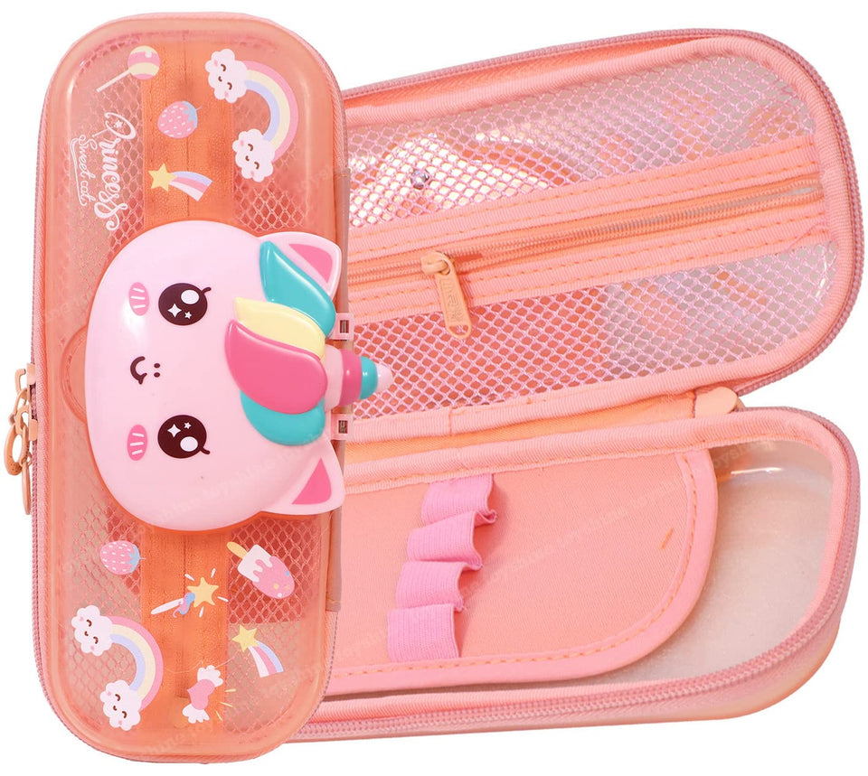 Toyshine I Love Unicorn Hardtop Pencil Case with Multiple Compartments - Kids School Supply Organizer Students Stationery Box - Girls Pen Pouch- Pink