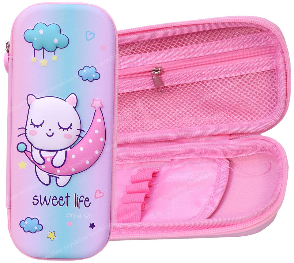 Toyshine Moon Kitty Hardtop Pencil Case with Multiple Compartments - Kids School Supply Organizer Students Stationery Box - Girls Pen Pouch- Multi-Color