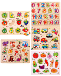 Toyshine 5pc of Wooden Puzzles with 123, Birds & Animals, Vegetables, Fruits, Transport Set