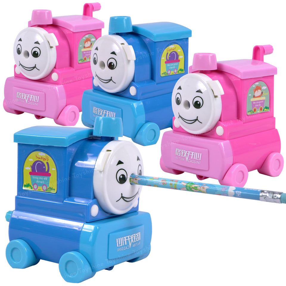 Toyshine Pack of 4 Train Shape Manual Handheld Easy to Operate Pencil Sharpener inbuilt with Stronger Helical Blade for Kids and Artists - Multicolor
