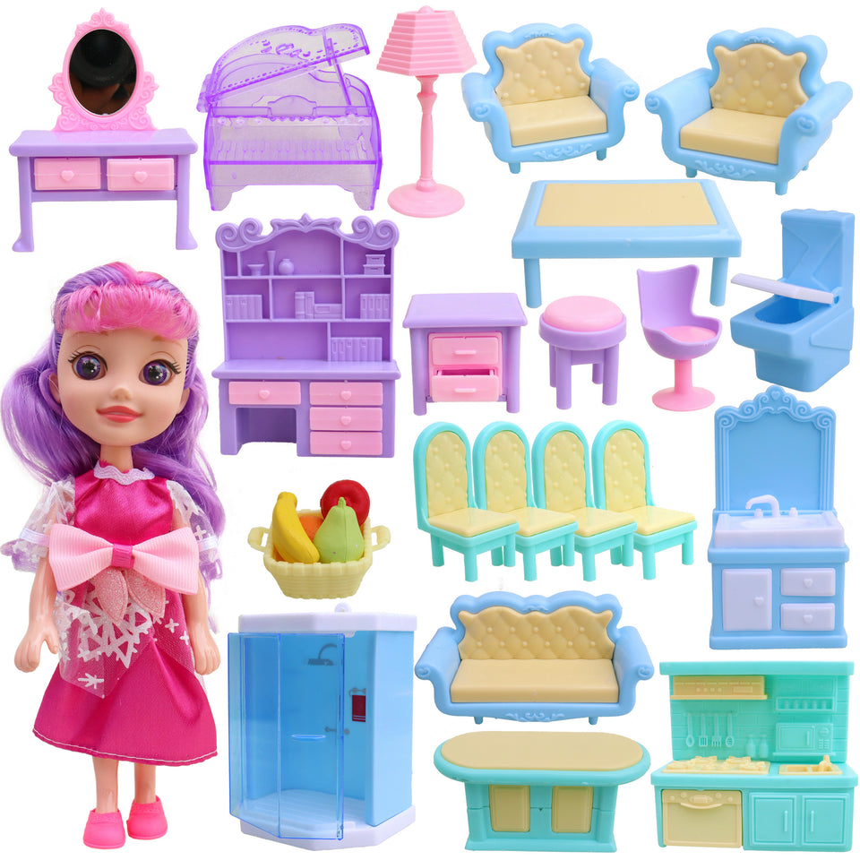 Toyshine Dollhouse Furniture Set 24 pcs Furnitures with 1 Doll, Dollhouse Accessories Pretend Play Furniture Toys for Boys Girls & Toddlers 3Y+