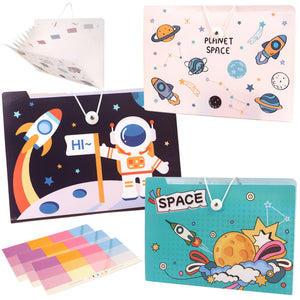 Toyshine Pack of 3 Space Theme File Folder with Color Labels with 7 Pockets, Waterproof Vinyl Document Folder Mesh Organizer Bag A4 Size Zipper Pouch - Bag Style