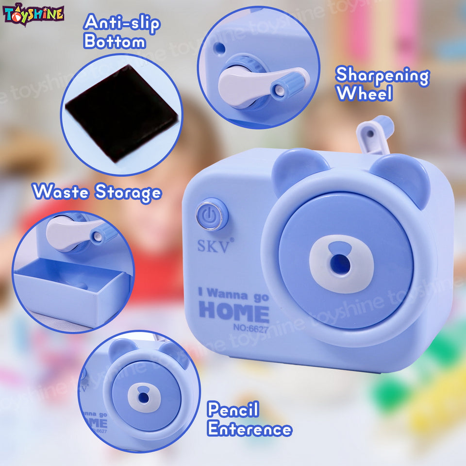 Toyshine Pack of 6 Camera Shape Manual Handheld Easy to Operate Pencil Sharpener inbuilt with Stronger Helical Blade for Kids and Artists - Purple
