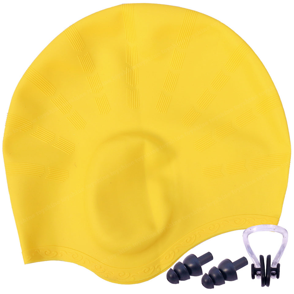 Toyshine Unisex Swim Cap with 3D Ear Protection, Durable Flexible Silicone Swimming Hat for Short/Long Hair with Ear Plugs&Nose Clip, Yellow SSTP