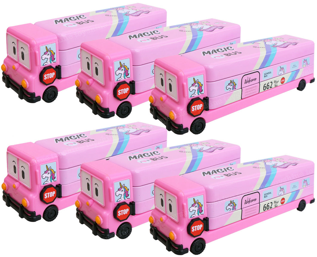 Toyshine Combo Pack of 6 Cartoon Printed School Bus Matal Pencil Box with Moving Tyres and Sharpner | Birthday Return Gift Party Favor for Kids, Birthday Party Return Gift - Pink