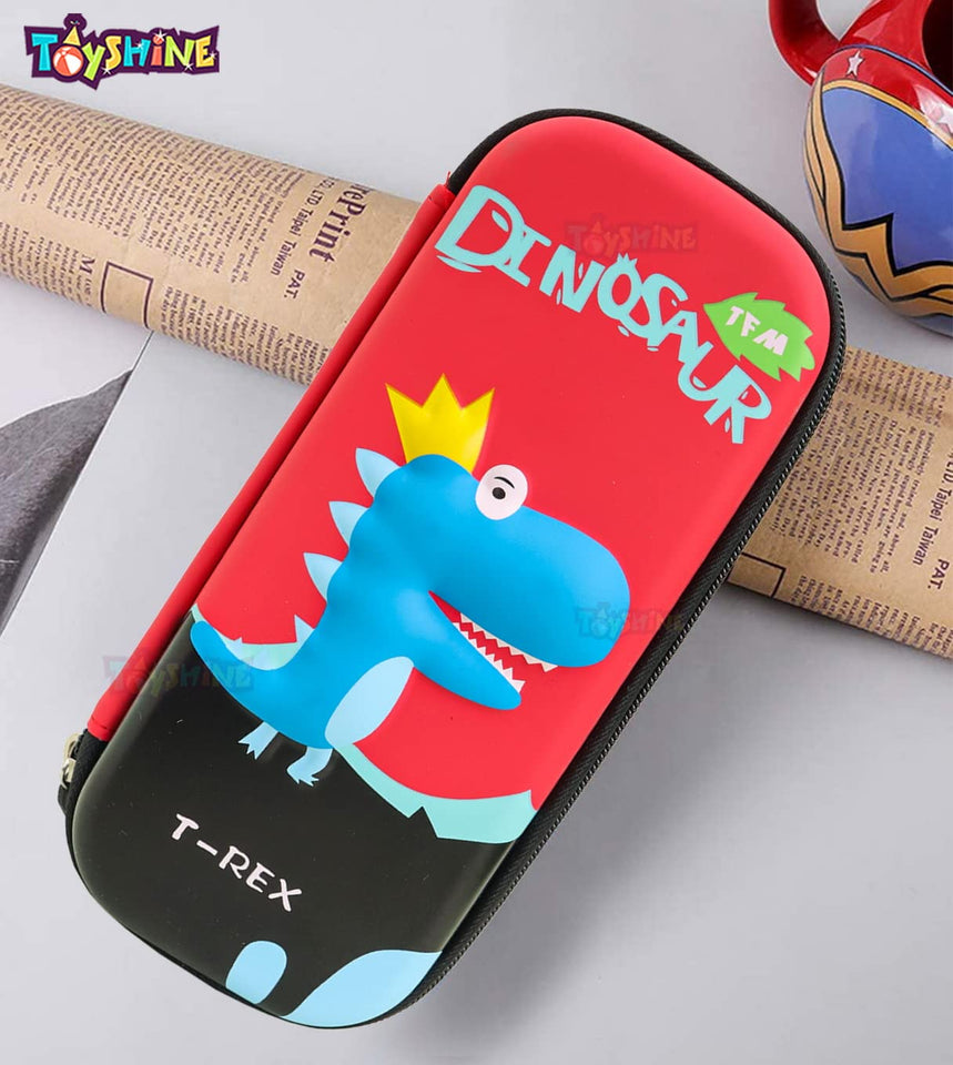 Toyshine Compact Red Dino Hardtop Pencil Case with Multiple Compartments - Kids School Supply Organizer Students Stationery Box - Girls Pen Pouch