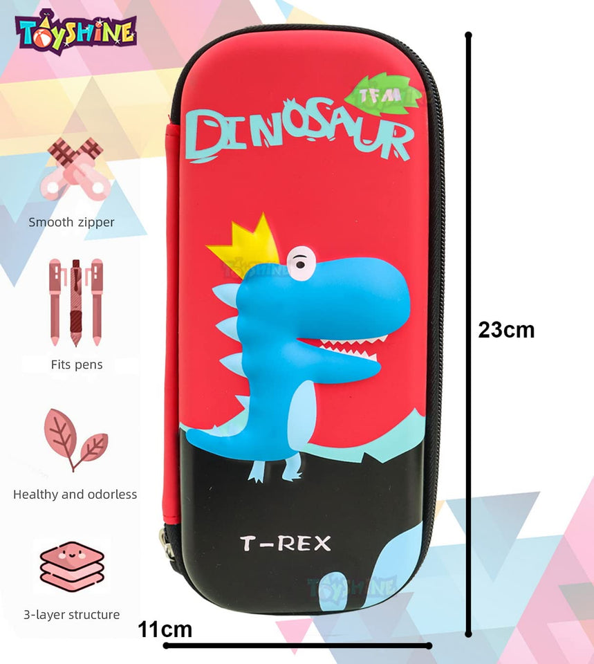 Toyshine Compact Red Dino Hardtop Pencil Case with Multiple Compartments - Kids School Supply Organizer Students Stationery Box - Girls Pen Pouch