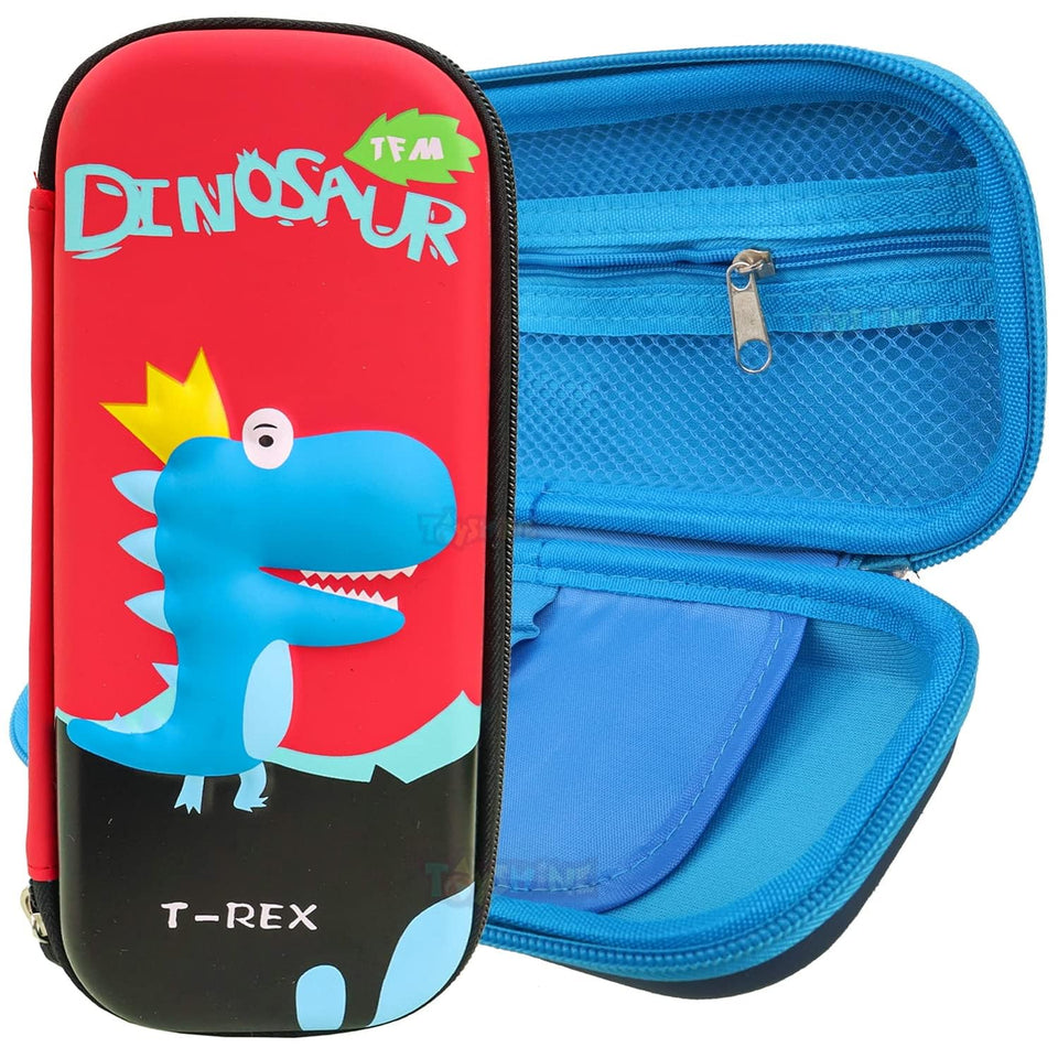 Toyshine Compact Red Dino Hardtop Pencil Case with Multiple Compartments - Kids School Supply Organizer Students Stationery Box - Girls Pen Pouch
