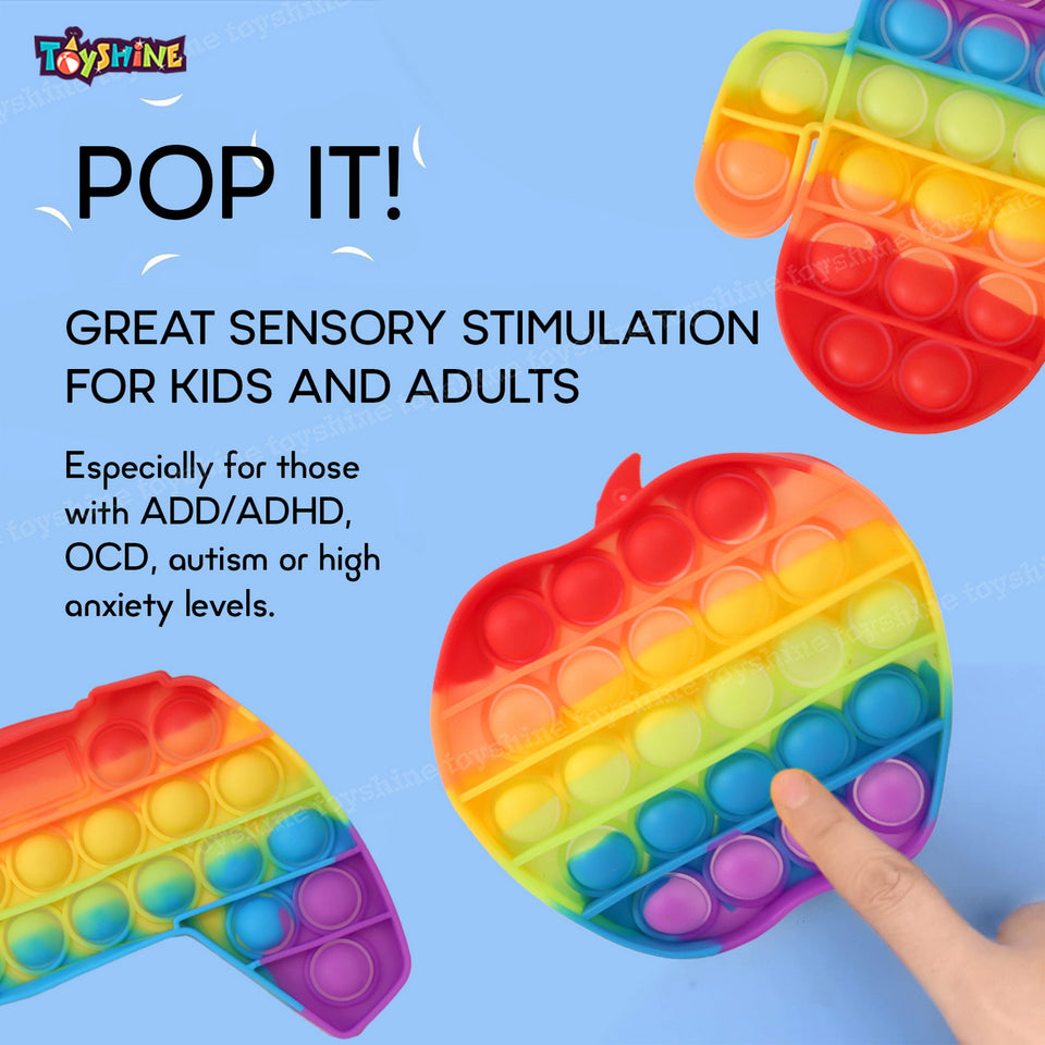 Toyshine Pack of 3 - Apple, Game Remote and Cactus Fidget Popping Sounds Toy, BPA Free Silicone, Push Bubbles Toy for Autism Stress Reliever, Sensory Toy Pop It Toys