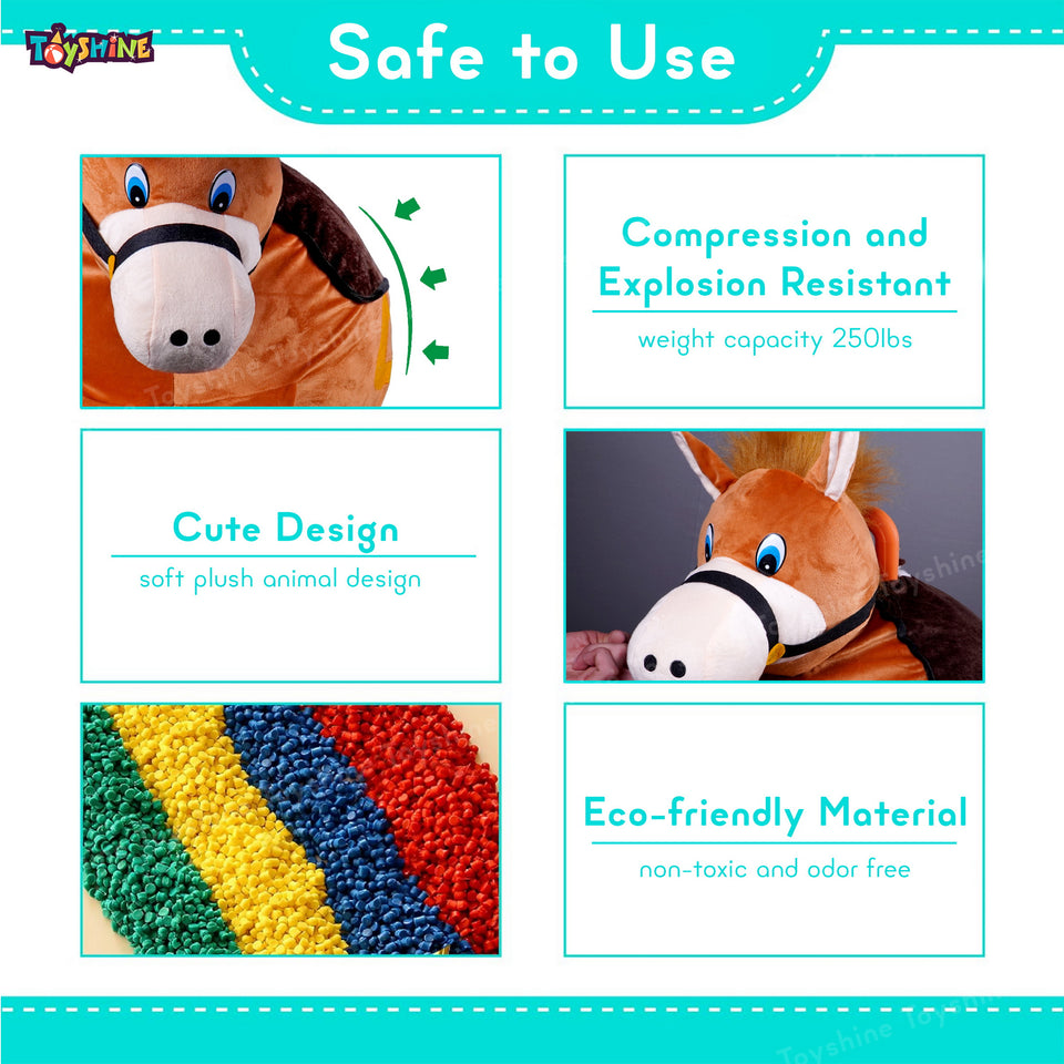 Toyshine Soft Stuffed Horse Shape Inflatable Ride-On Pony Hippity Hop Jumping Hopping Ball for Kids, Pump Included - Brown