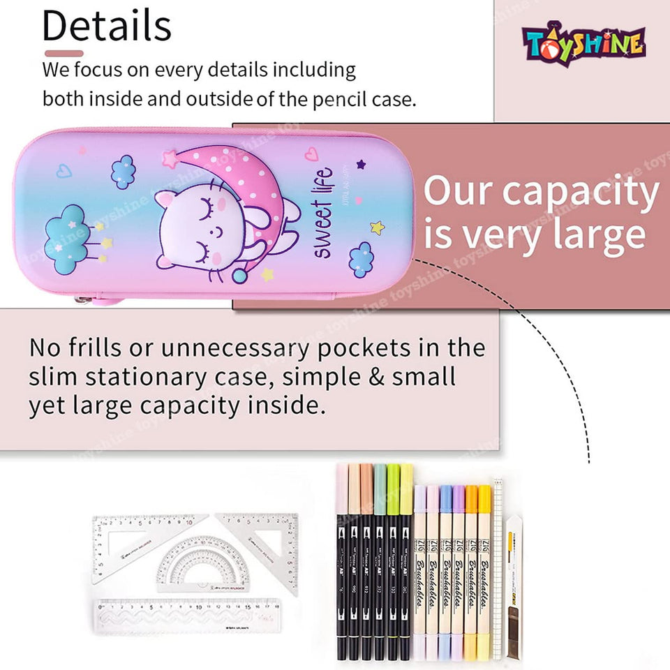 Toyshine Moon Kitty Hardtop Pencil Case with Multiple Compartments - Kids School Supply Organizer Students Stationery Box - Girls Pen Pouch- Multi-Color