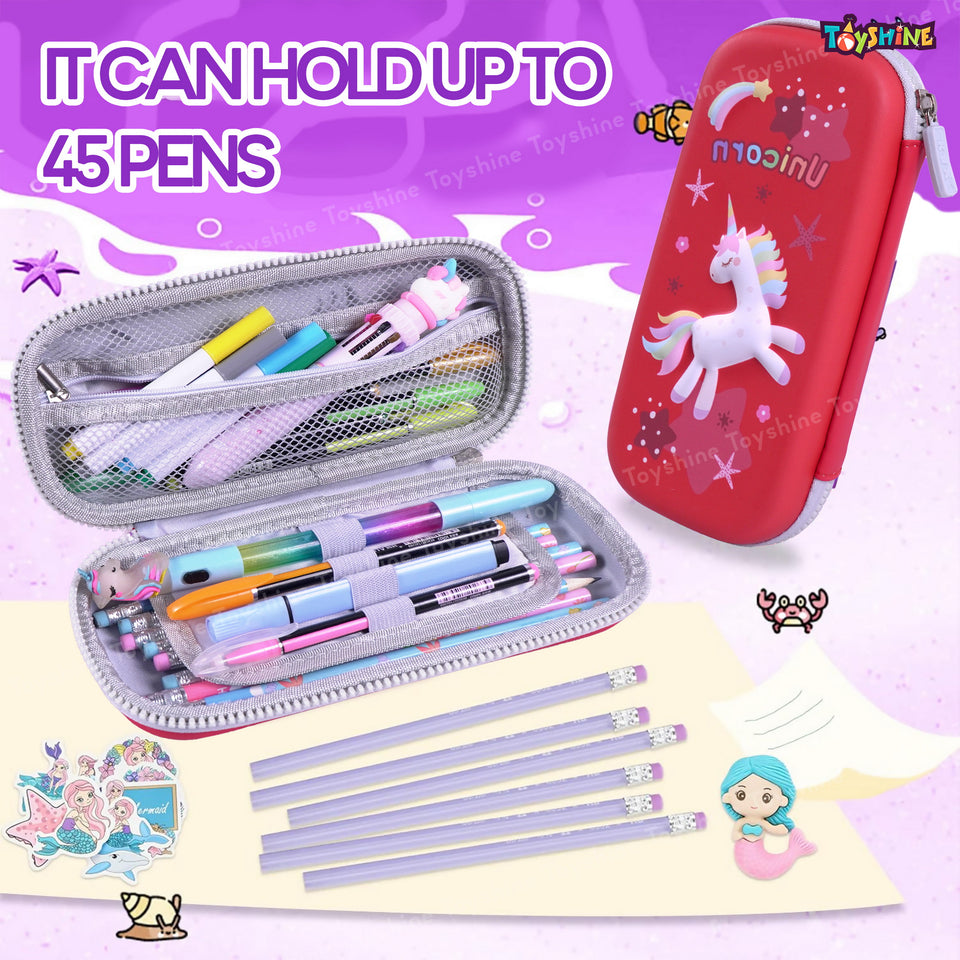 Toyshine 3D EVA Unicorn Pencil Pouch Large Capacity Pencil Pen Organizer Box Pouch Bag with Compartment Student Stationery Box for Age 3+ (Red)