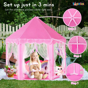 Toyshine Big Princes Portable Tent House for Outdoor Indoor Play Foldable Jumbo Hexa Tent with Mosquito Net 55'' x 53''- Pink