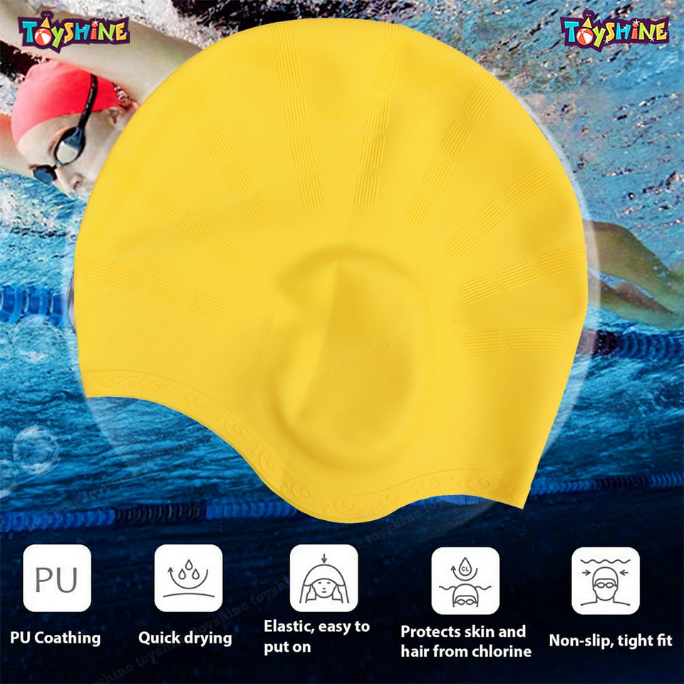 Toyshine Unisex Swim Cap with 3D Ear Protection, Durable Flexible Silicone Swimming Hat for Short/Long Hair with Ear Plugs&Nose Clip, Yellow SSTP