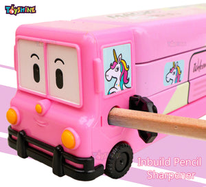 Toyshine Combo Pack of 6 Cartoon Printed School Bus Matal Pencil Box with Moving Tyres and Sharpner | Birthday Return Gift Party Favor for Kids, Birthday Party Return Gift - Pink