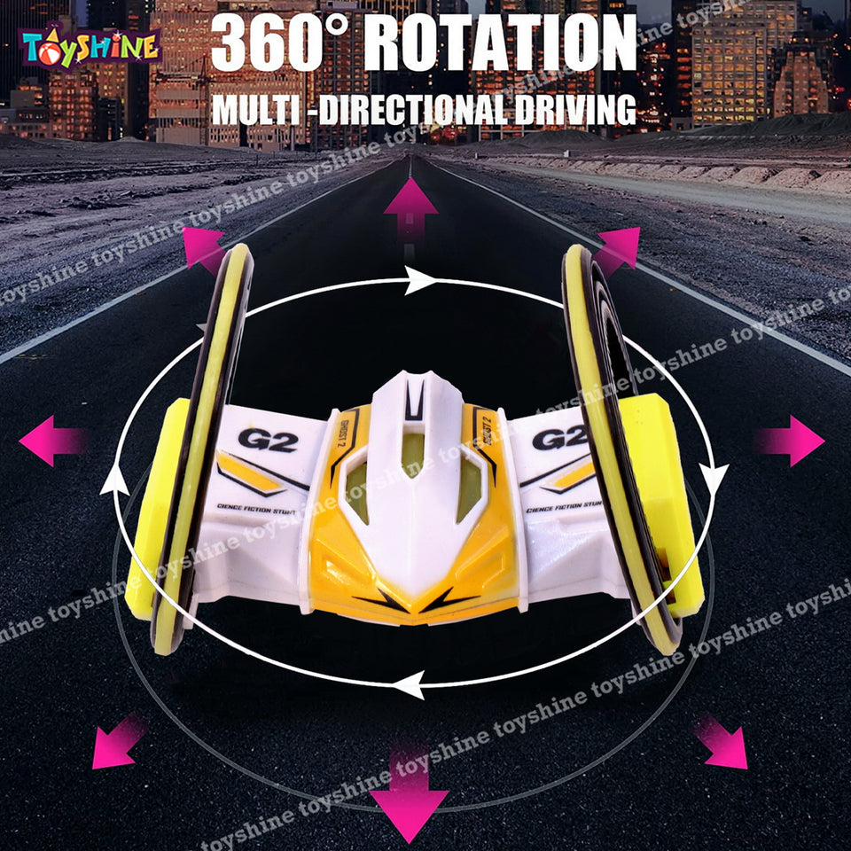 Toyshine Two-Wheeled Strike 2.4GHz 360° Rotating Remote Control Stunt Car with Lights Rechargeable with Wide Tires for Kids Boys Age of 4-12 Yellow