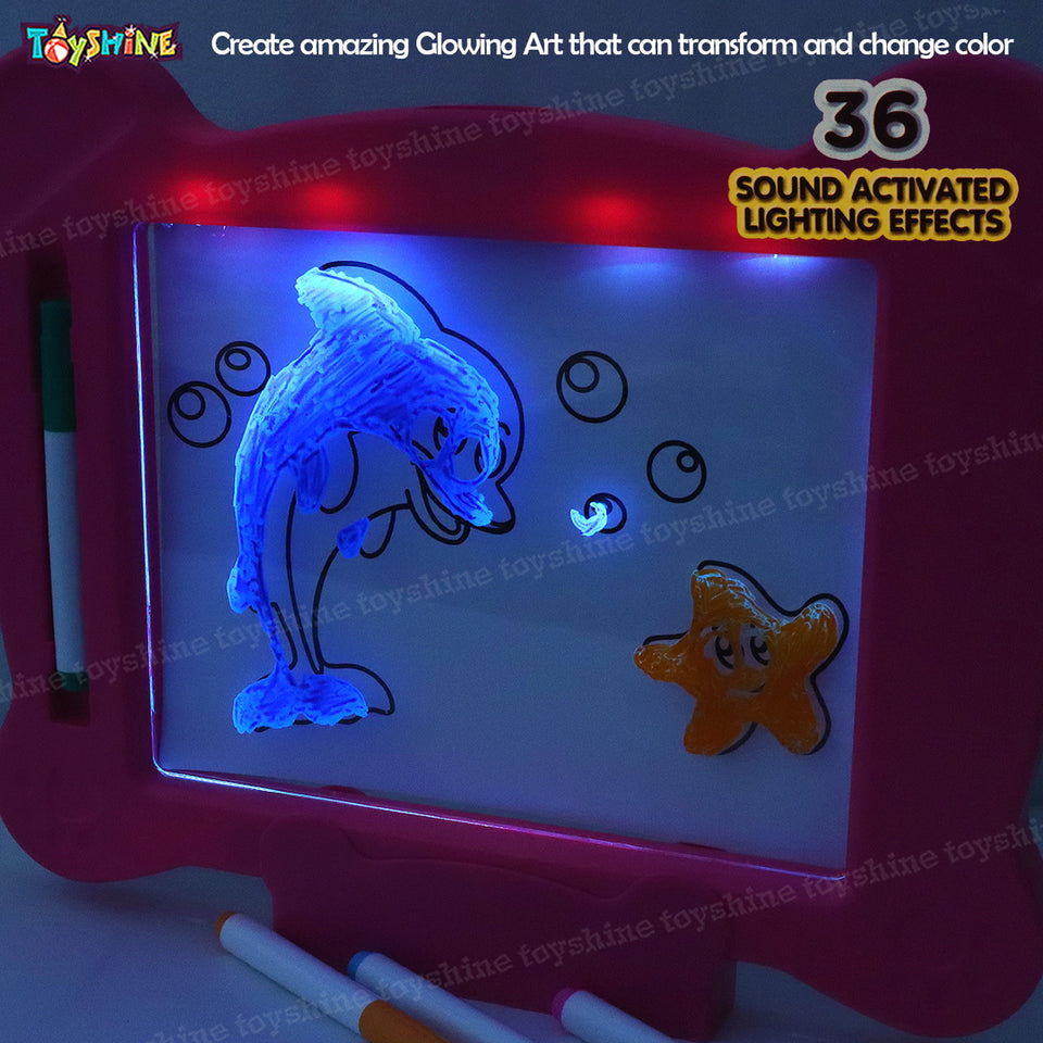 Toyshine Big Magic Pad Light Up LED Drawing Tablet with Stencils, 4 Neon Pens, Dry Eraser, Glow Boost Card - Pink