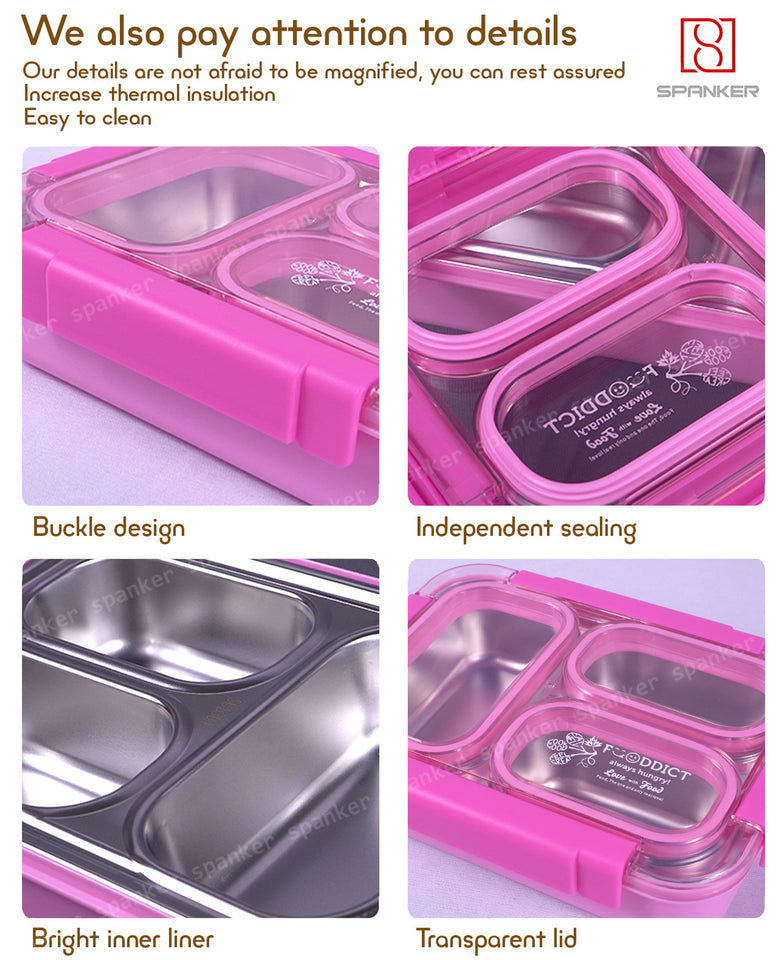 Spanker 800ML Stainless Steel Insulation Portable BPA Free Leak-Proof 3 Grid Capacity Bento Lunch Box for Kid Adult Student Children - Pink