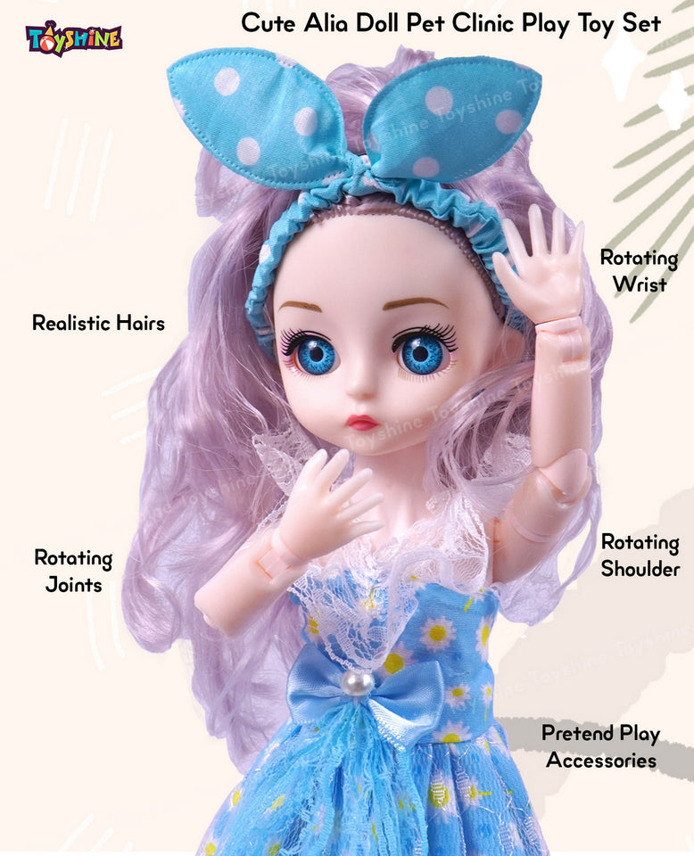 Toyshine Cute Alia Doll Pet Clinic Play Toy Set with Movable Hands and Joints Pretend Play Kit Toys for Kids Role Play Set for Age 3+
