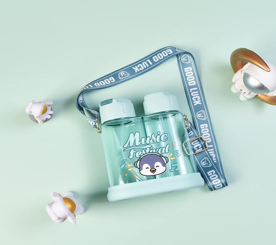 Toyshine Double Sided 640 ML Kids Water Bottle With Spill Proof Straw, BPA Free with Soft Grip Strap Children's Drinkware, Green