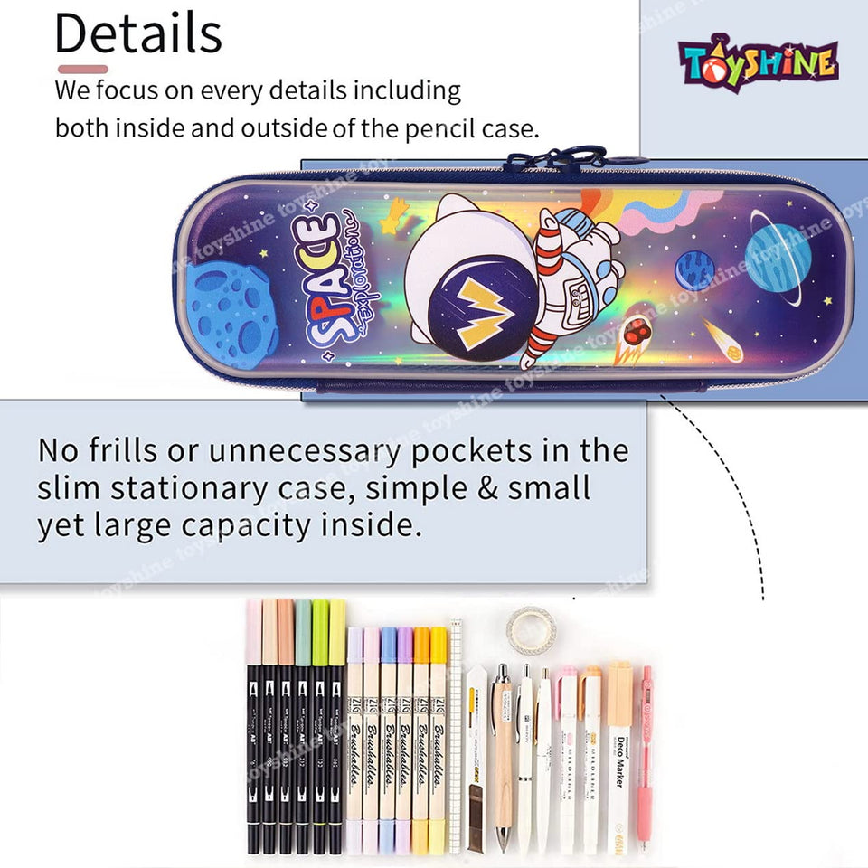 Toyshine Easy Carry Slim Ultra Strong Pencil Case with Multiple Compartments, Kids School Supply Organizer Students Stationery Box Boys Girls Pen Pouch- Astronaut Blue