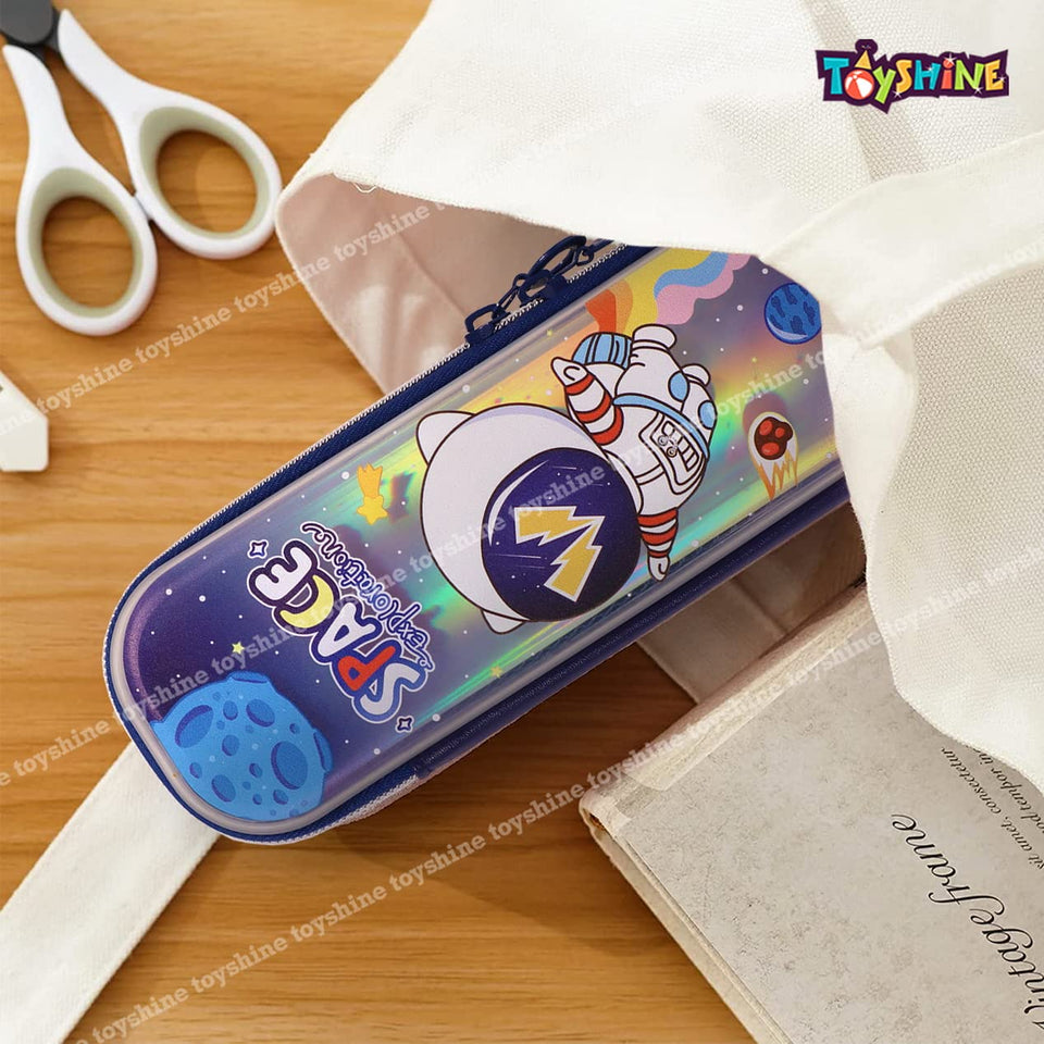 Toyshine Easy Carry Slim Ultra Strong Pencil Case with Multiple Compartments, Kids School Supply Organizer Students Stationery Box Boys Girls Pen Pouch- Astronaut Blue