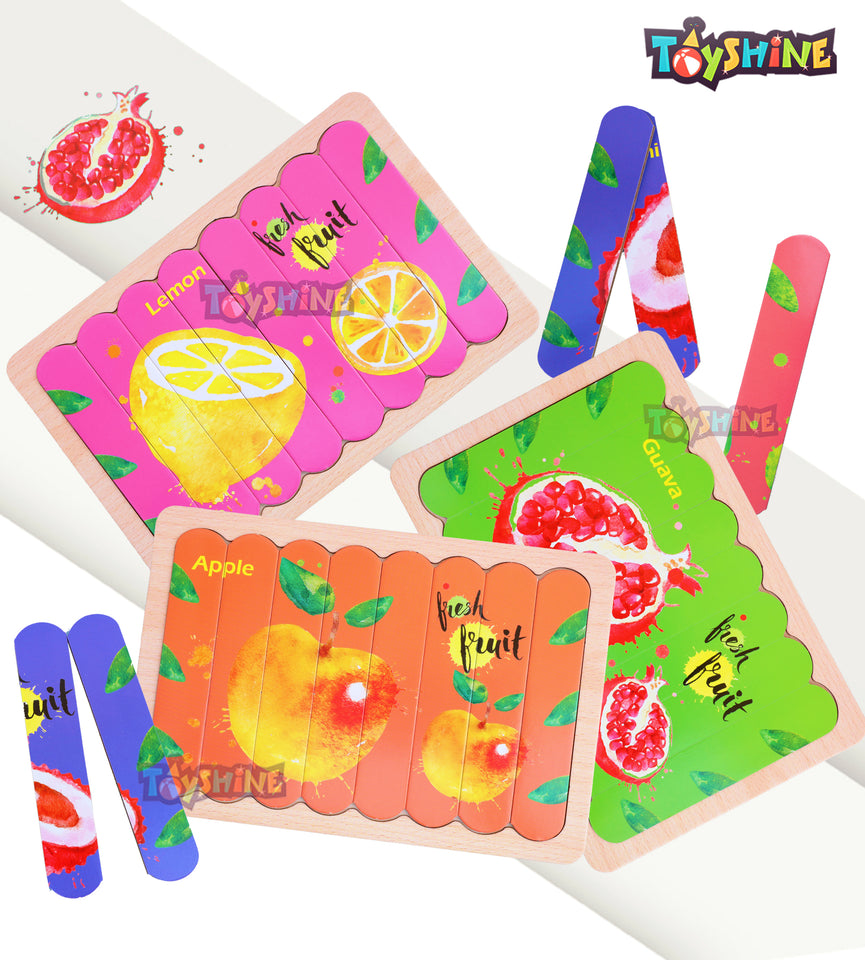 Toyshine Combo Pack of 6 Sets Fruit Wooden Jigsaw Puzzles Pattern Blocks Preschool Montessori Educational Toys Birthday Return Gift Party Favor for Kids (48 Puzzles, 8 Puzzles in Each Pack)