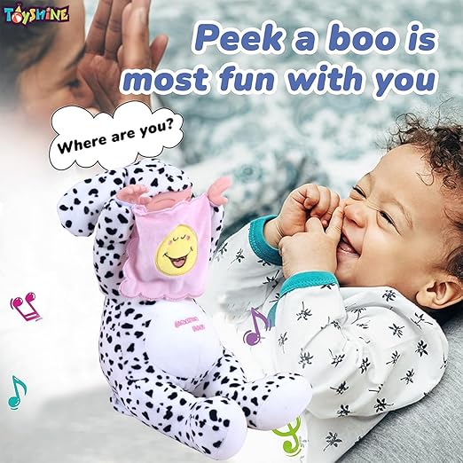 Toyshine 12" Peek-A-Boo Beautiful & Soft Plush Musical Laughing Doll inwith Moving Arms,Voice Activated Feature and Touch Sensor - Black Spots