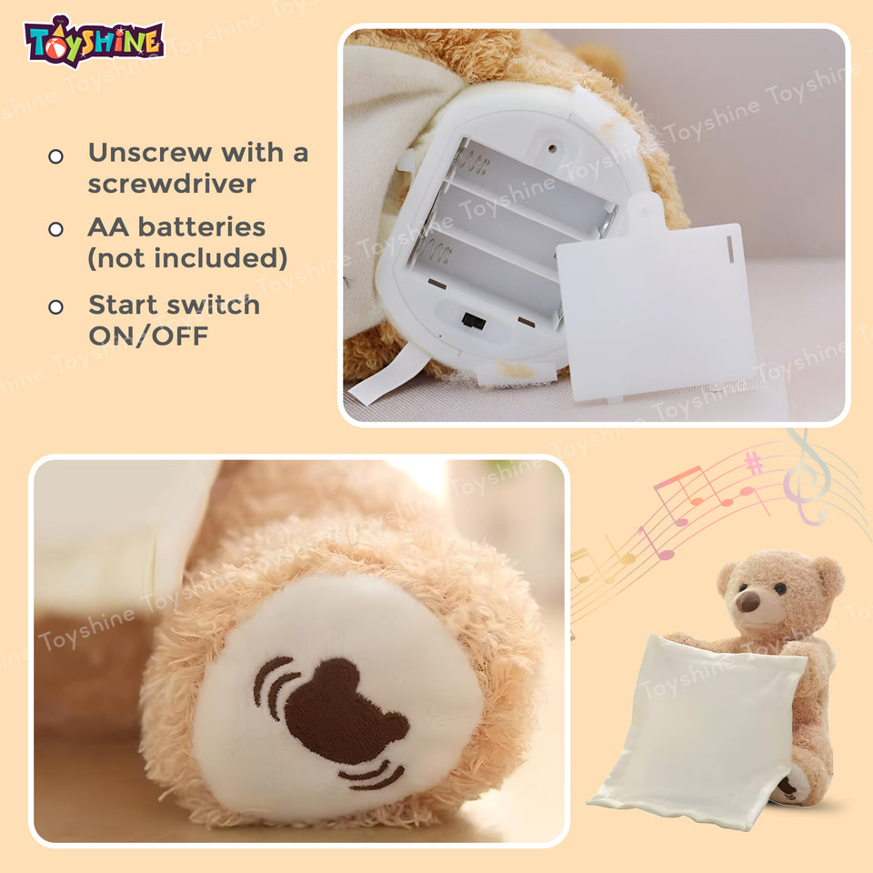 Toyshine 12" Peek-A-Boo Teddy Bear Beautiful & Soft Plush Musical Rechargeable Toy Doll with Moving Arms Voice Activated Feature Play Hide and Seek Funny Entertaining Gift for Kids