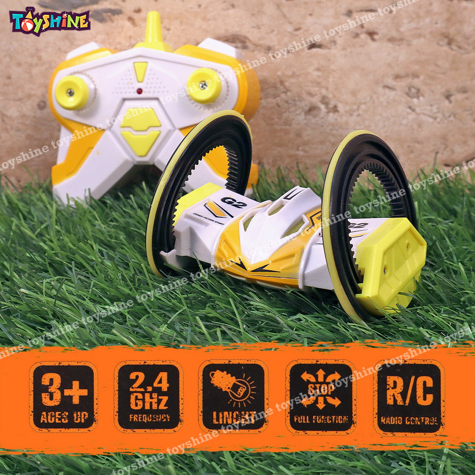 Toyshine Two-Wheeled Strike 2.4GHz 360° Rotating Remote Control Stunt Car with Lights Rechargeable with Wide Tires for Kids Boys Age of 4-12 Yellow