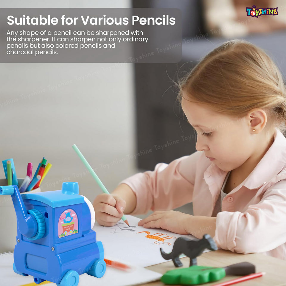 Toyshine Pack of 4 Train Shape Manual Handheld Easy to Operate Pencil Sharpener inbuilt with Stronger Helical Blade for Kids and Artists - Multicolor