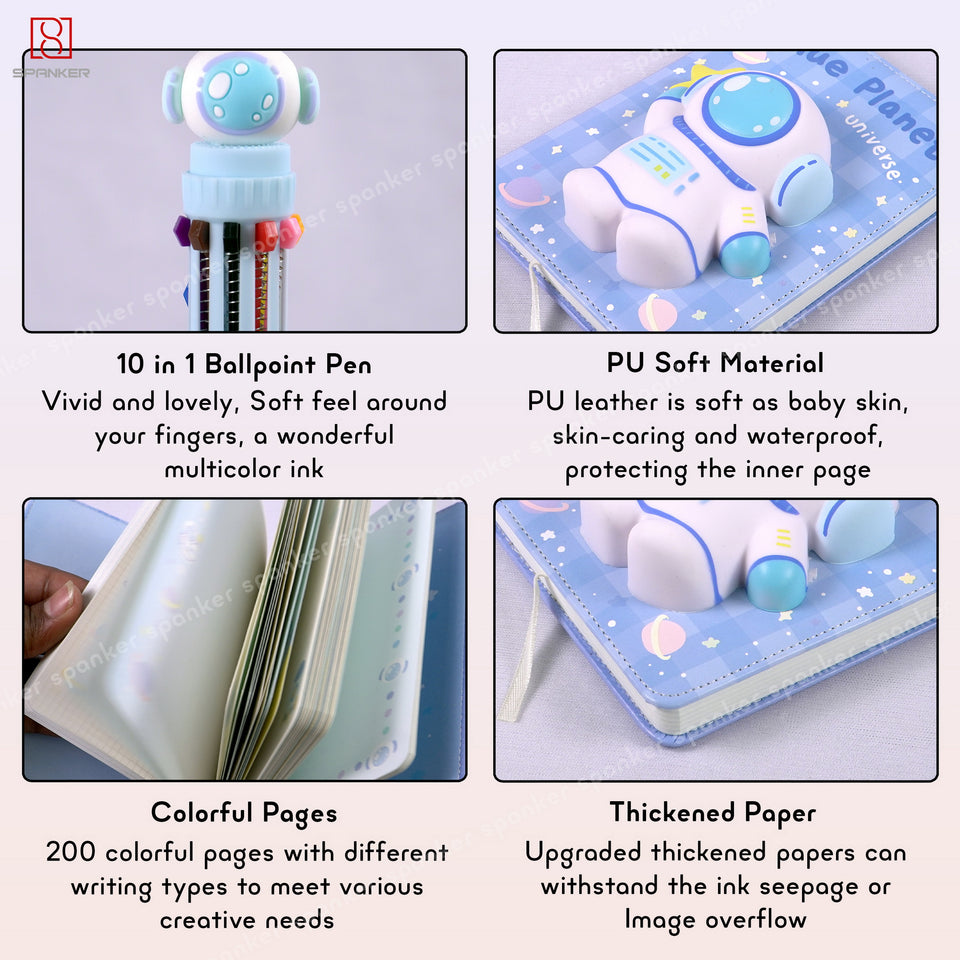 Spanker Astronaut Theme 3D Puffy Cute Notebook B6 size Diary with 10 In 1 Multicolor Pen for School Student Teens Birthday Gifts - Blue