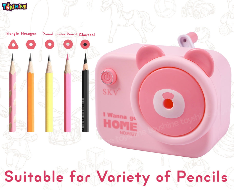 Toyshine Pack of 6 Camera Shape Manual Handheld Easy to Operate Pencil Sharpener inbuilt with Stronger Helical Blade for Kids and Artists - Pink