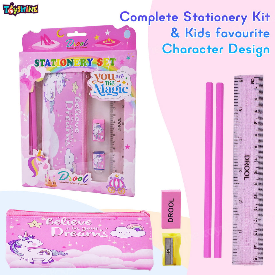Toyshine Pack of 6 Unicorn Stationary Set | Pencils, Erasers, Sharpners, Scale, Pencil Box | Birthday Party Return Gift Party Favor for kids - Pink