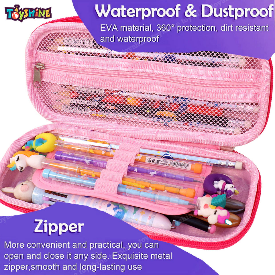 Toyshine Set of 2 Girl Hardtop Pencil Case with Tritan Grip Bottle - Kids Large Capacity School Supply Organizer Students Stationery - Girls Pen Pouch