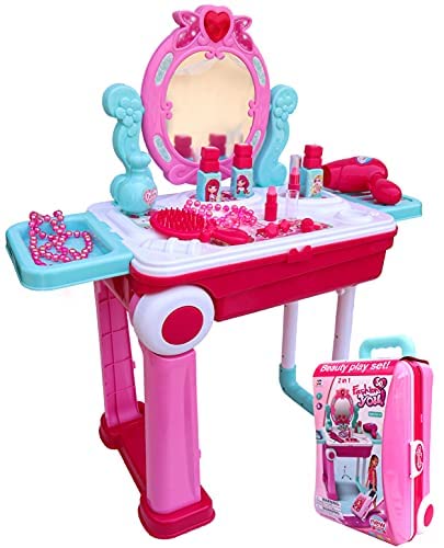 Toyshine Carry Along Dressing Table Make Up Set Beauty Table Toy with Briefcase and Accessories, Model for Girls Pretend Play Baby Toys Birthday Present 3-7 Year old