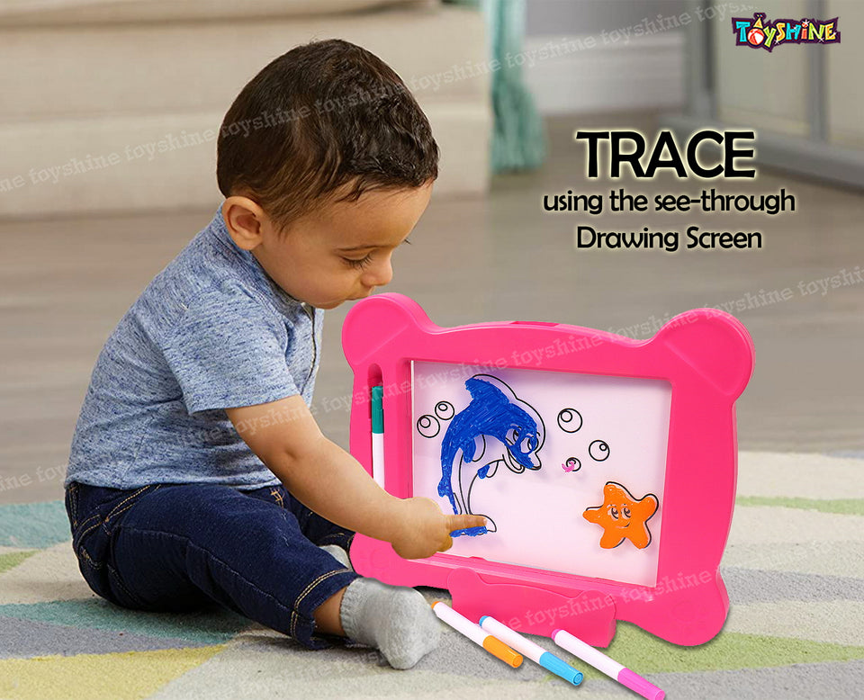 Toyshine Big Magic Pad Light Up LED Drawing Tablet with Stencils, 4 Neon Pens, Dry Eraser, Glow Boost Card - Pink