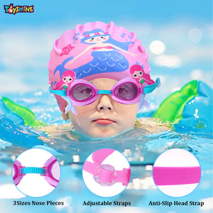 Toyshine Kids Swim Goggles and Swim Hat Child Shark Cute Swimming Kit Cartoon Blue Silicone Waterproof Hat Anti Fog Swim Glasses for Child Boys Girls Age 3-12- Mermaid